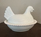 Vintage Indiana Glass Hen on Nest White Milk Covered Chicken Candy Dish 7 Inch