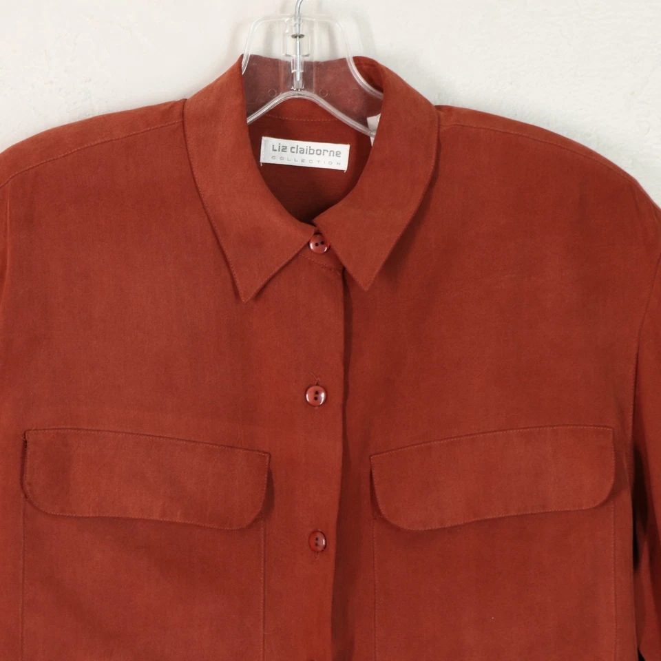 Blusa Vintage Liz Claiborn Seda Top Feminina Ferrugem Pequena Manga Longa Botão Bolsos - Imagem 2 de 4