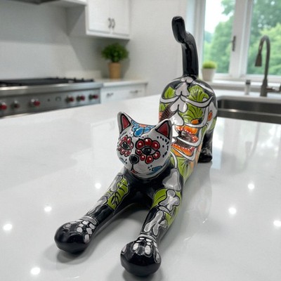 Talavera Stretching Cat Statue | Mexican Folk Art Decor