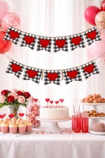 Valentine's Day Banner Red Felt Heart Garland White Black Buffalo Plaid Set of 2