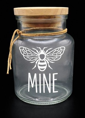 Rae Dunn Bee Mine Storage Jar, Glass, Wood Lid, Valentine's Day