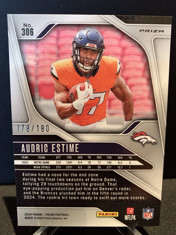2024 Panini PRIZM Football AUDRIC ESTIME ROOKIE HYPER /180 #306 RC BRONCOS - Image 2 of 2