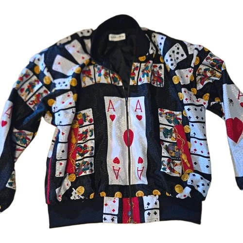Large vintage 80s playing card and coin print zip bomber jacket - product listing photo