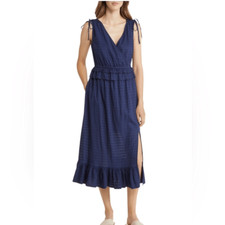 Caslon Faux Wrap Midi Dress S Navy Dobby Ruffle Romantic Cottagecore