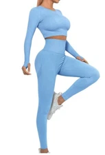 Yoga Set Size large Women blue Seamless High Waisted Leggings Crop Shirt New