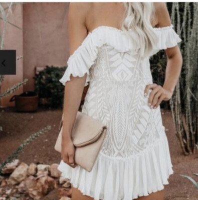 Saints + Secrets Ivory Sheer Overlay Lace Ruffled Off Shoulder Dress Sz M  NWT | eBay
