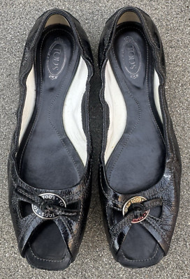 TOD'S Ballet Flats Sz 9, 39.5 Black Patent Leather Rounded Open Toe Ballet Flats