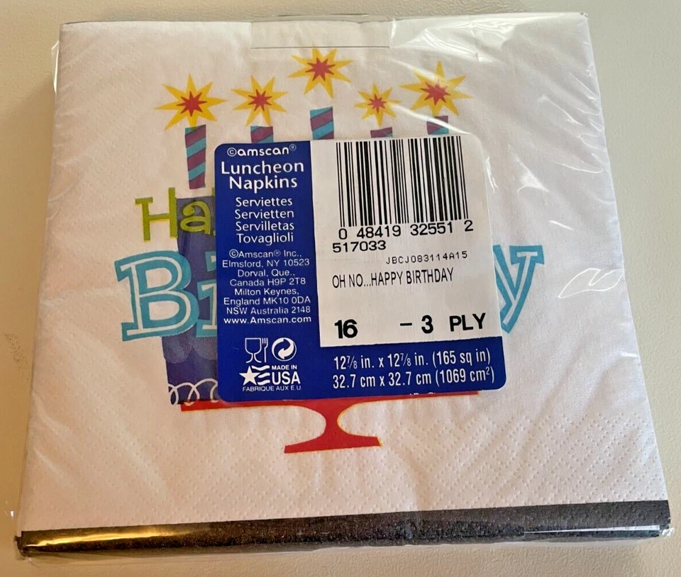 Amscan - Feliz cumpleaños - 16 servilletas de almuerzo de papel de 3 capas negras/blancas (6x6) Foto 2 de 2