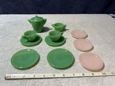 Vintage Play Time Glass Dish Set Akro Agate USA Green Pink Jadeite
