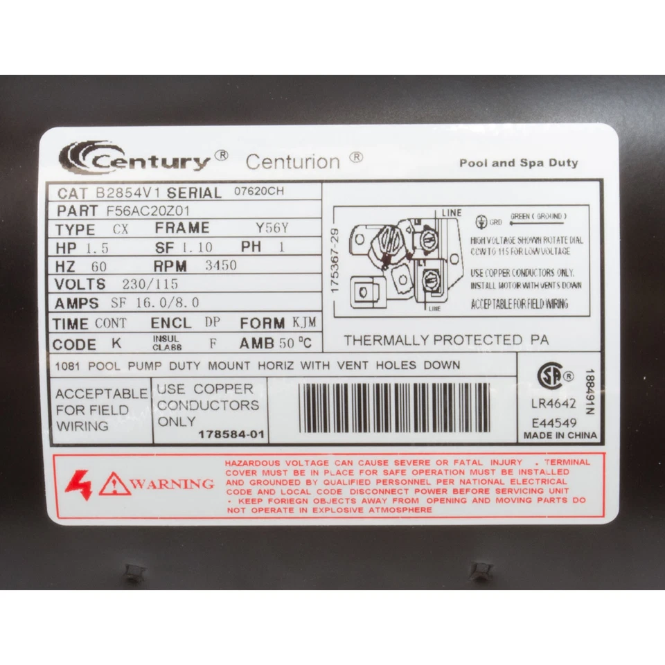 Motor, Century, 1.5hp, 115/230v, 16/8A, 1-Velocidad, 56Fr Foto 3 de 4