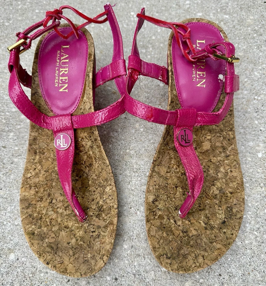 Sandalias de cuña vintage Lauren Ralph Lauren Reeta con tiras rosa corcho talla 6,5 Barbie Foto 3 de 4