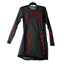 Forever 21 Black Mesh Rose Floral Embroidered Long Sleeve Mini Dress Women M