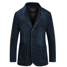 UK Mens Casual Blazer Denim Jeans Jacket Long Sleeve Slim Fit Suit Coat XL
