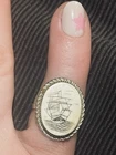 Sterling Silver Vintage Scrimshaw Ship Cocktail Ring Sea Life Theme Size 7