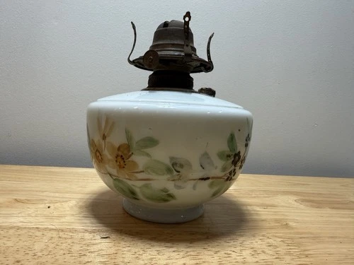 VTG White Flame Co Floral (hand Painted?) Milk Glass Oil Lamp Base