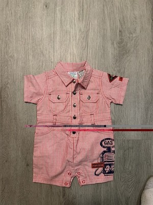 vintage Simply Basic Red Striped Gas Station One Piece Romper size 3/6m