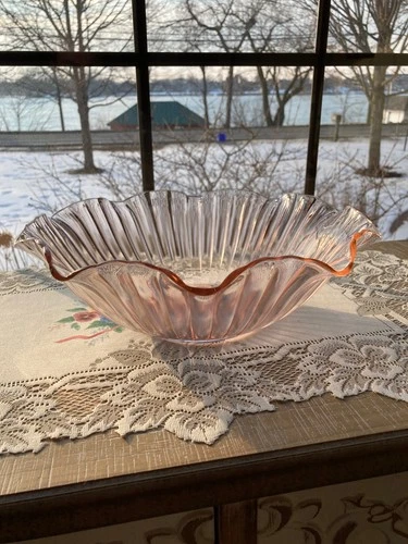 Pink Depression Glass Serving Bowl Ruffled Edge 11.6" Diameter ~3.75" Tall