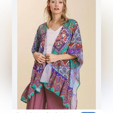 NWT Umgee Size S/M Boho Paisley Patchwork Kimono - Teal, Purple, Red