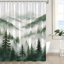 Dark Green Misty Pine Forest Shower Curtain Mountain Foggy Scenery Tree Rustic