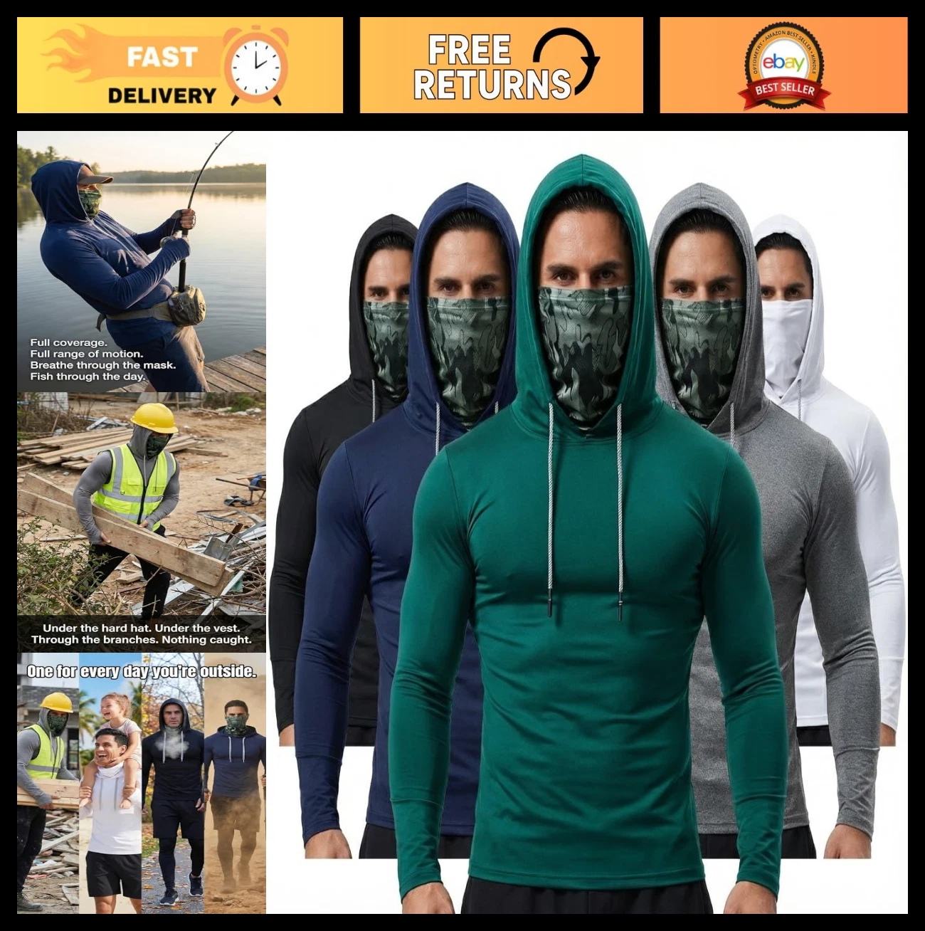Men's Sun Hoodie with Mask - Quick Dry Long Sleeve Fishing Shirt, Outdoor Tactic
