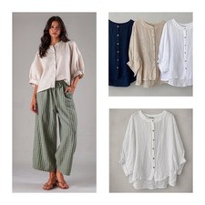 Damen Leinenbluse Leinentunika Bluse weiß be...