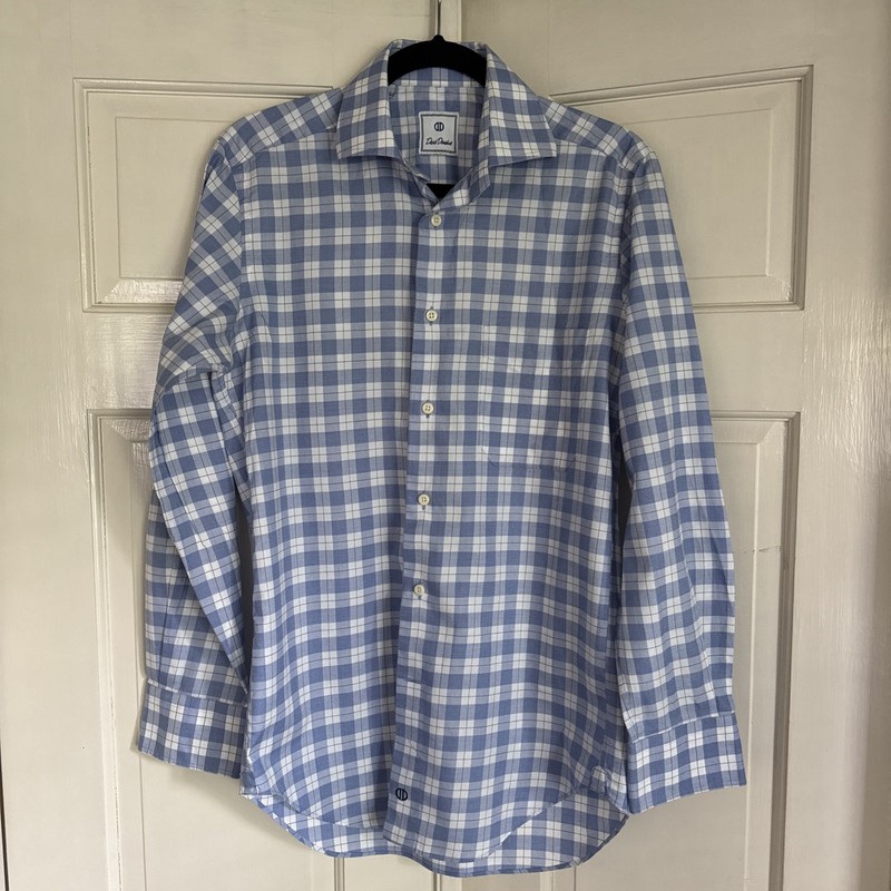 David Donahue Trim Fit Dress Shirt Small Blue Check Plaid