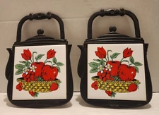 Set Of 2 Cast Iron Teapot Trivets With Fruit Basket Motif, Vintage 1970-1980s