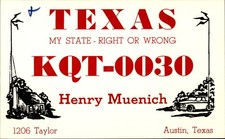 Vintage Texas CB Radio QSL Card KQT-0030 Henry Muenich Austin TX 1960s