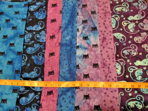 Batik Fabric - Cats - blue, purple - 7 fat quarters