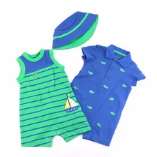 Little Me Boy's 3-Piece Romper and Hat Set, size 6 Months, Blue / Green
