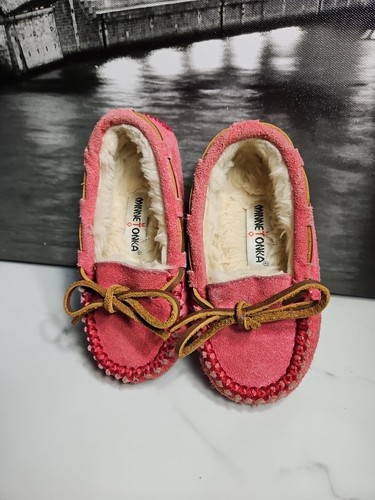 Minnetonka Toddler Pink Suede Leather/Fur Slip-On Loafer Toddler Sz 7 - Picture 7 of 8