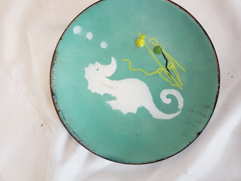 Excellent enameled plate 6" signed Elsie, ca. 1970s