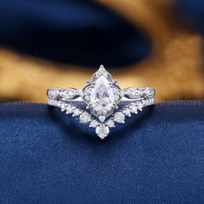Moissanite Bridal Set Engagement Ring Solid 14k White Gold Halo 2 CT Pear Cut