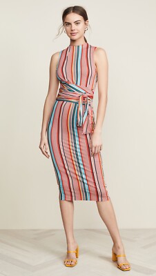 Alice + Olivia Delora Mock Neck Fitted Dress Striped  Stretch Midi Size 2 NWOT