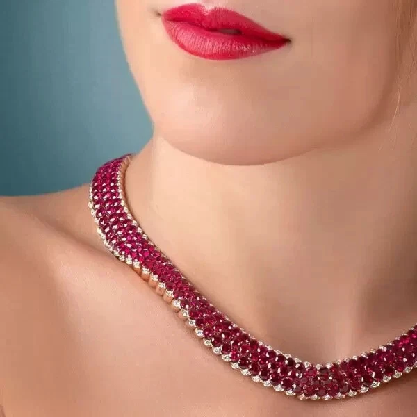 60Ct Round Cut Lab Created Ruby Three-Row Necklace 14k White Gold Finish - Image 4 of 4