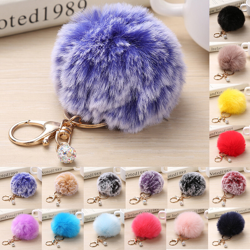 Pom Pom Keychains Cute Faux Rabbit Fur Ball Pom Pom Keychain Colorful Soft Plush Pompoms Car Key Ring Handbag Purse Charm, Black, 8cm - Foto 9