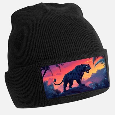 Unisex Cotton Black Angry Panther Print Beanie Hat