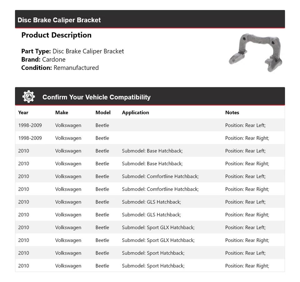 适用于 1998 - 2010 年大众甲壳虫盘式制动卡钳支架 Cardone 1999 2000 — 第 2/4 张图片