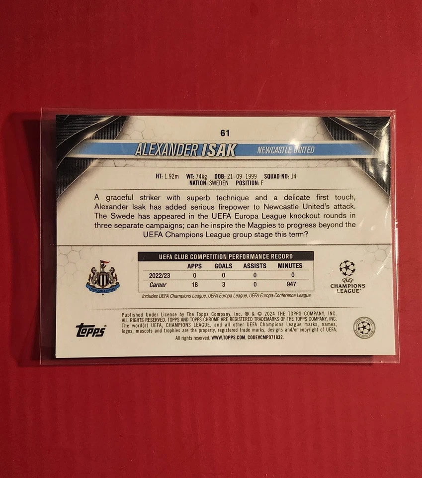 Alexander Isak 2023-24 Topps Chrome UEFA Club GOLD Roman Numeral /XI SSP - Image 2 of 3