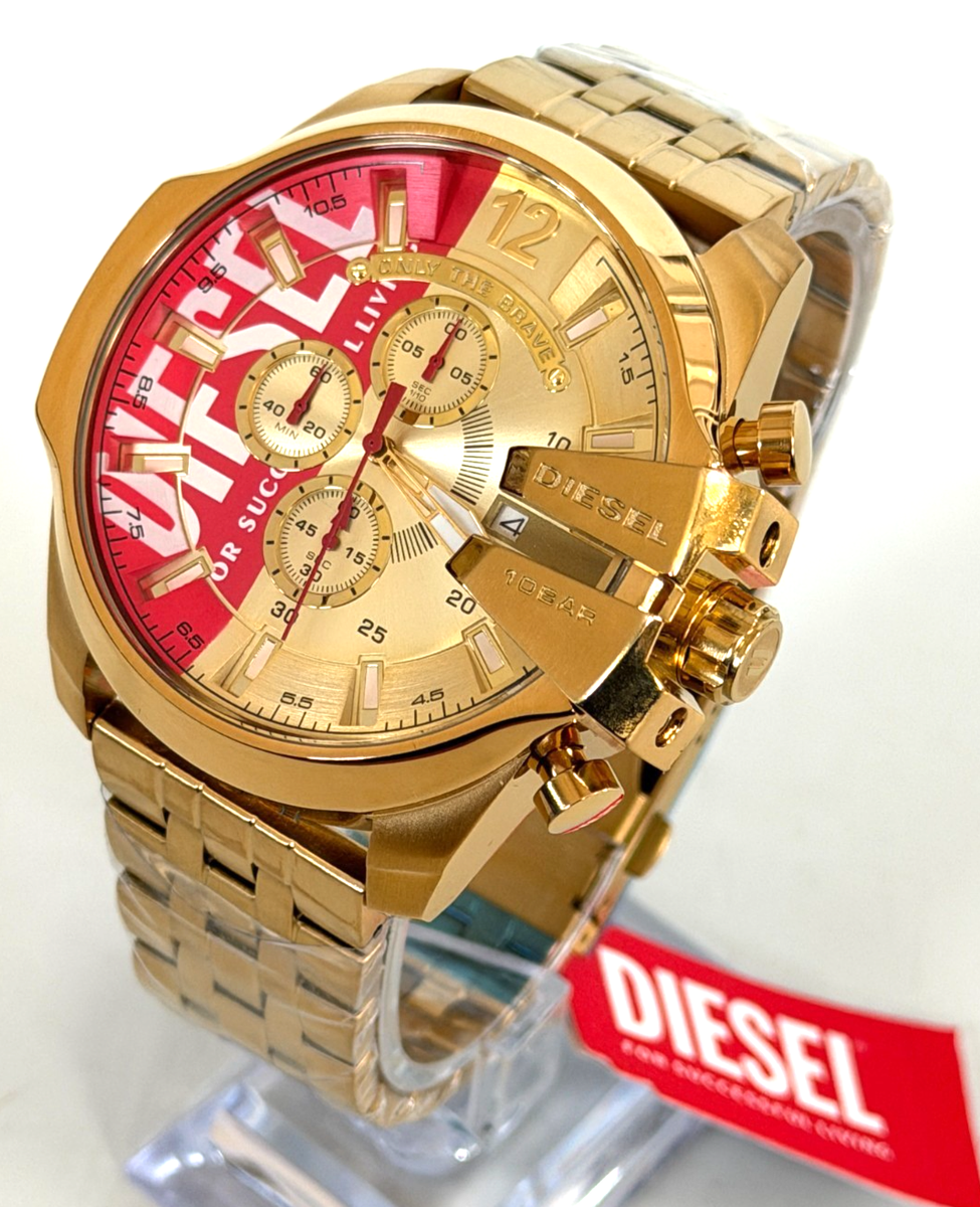 DIESEL DZ4642 MEGA CHIEF Chronograph Watch, Gold & Red Logo Dial
