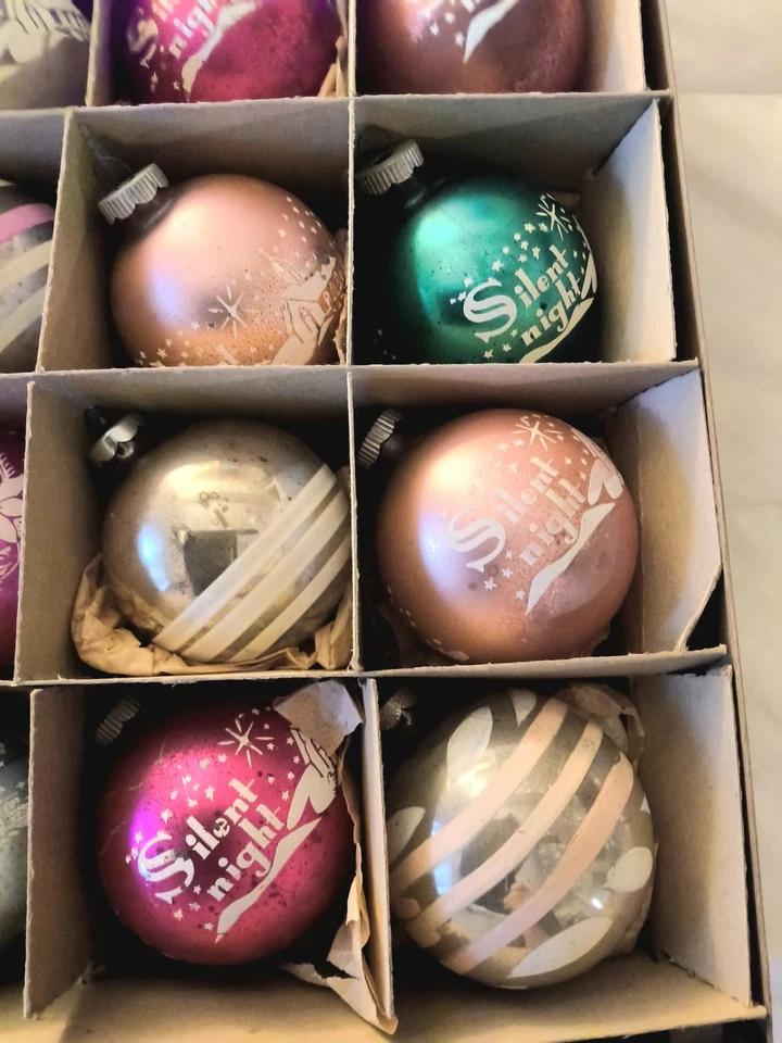 Vintage Shiny Brite Christmas Ornaments Stenciled Flocked 1930s W/Original Box  - Image 3 of 4