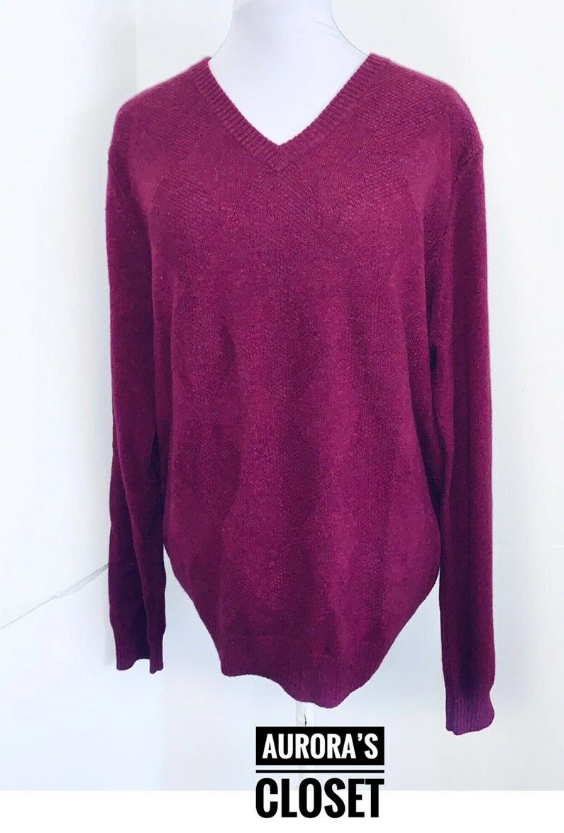 John L. Nordstrom L Cranberry 100% Cashmere Sweater Argyle Diamond