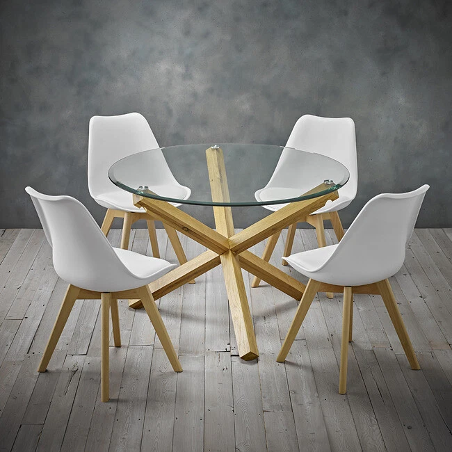 Round glass and oak dining table and chairs online