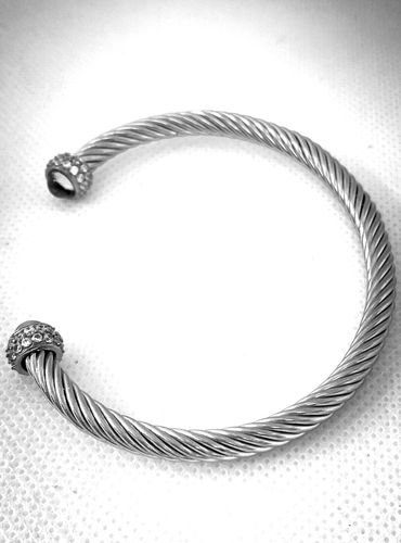 Hanora Stainless Steel Cable Blue Topaz cabochon End Bangle With CZ Stones 7 " - Picture 2 of 7