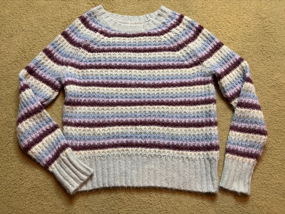 Suéter American Eagle Cuello Ancho Transparente Grueso Tejido Gofre Rayas Lana Nylon XS Foto 2 de 3