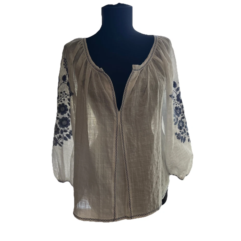 Blusa Boho Max Studio Blanca Bordada Azul Flor Lino Look Talla S Caprichosa Foto 2 de 4