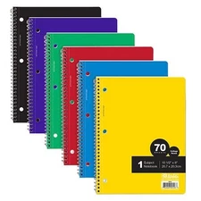 Bazic Spiral Notebook 1-Subject 10-1/2"X8" Assort Colors 70 Sheets School Office