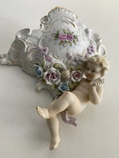 Vintage Lipper & Mann Wall Art Bisque Porcelain Cherub/ Angel Wall Pocket Roses