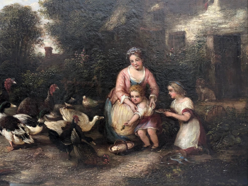 Ölgemälde ENGLAND 19. Jh UNBEKANNTER KÜNSTLER antik FRAU KINDER Vögel Landschaft - Bild 3 von 4