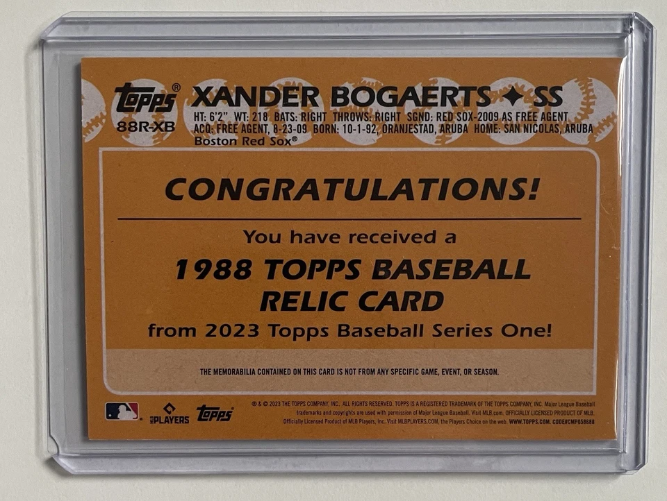Xander Bogaerts 2023 Topps Series 1 - 1988 Topps Baseball Relic Card - Image 2 of 2